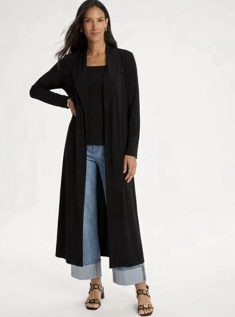 Chico's Travelers Acetate Spandex Black Open Layering Jacket Duster 2 Made USA